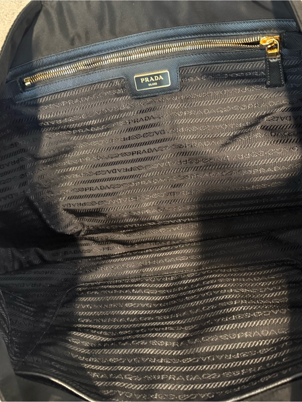 Prada Navy Nylon Tote with Leather Handles and Gold Logo - Picture 6 of 6
